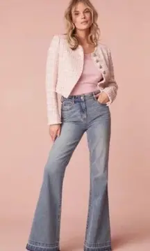 Love Shack Fancy Kala Flare Jeans High Rise Bow Detail Montauk Blue Size 25 New