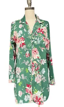 Cupcakes and Cashmere Green Floral Silky Button-Down Sleep Shirt Size Medium