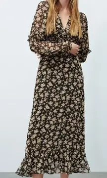 NEW ZARA RUFFLED PRINT DRESS LONG SLEEVE V‎ NECK MIDI RUFFLE TRIM WOMENS