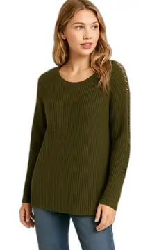 Love Riche cotton/wool blend distressed SLEEVE sweater SIZE S OLIVE GREEN