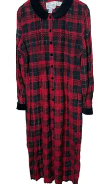 Vintage Karin Stevens Red Black Plaid Maxi Dress Velvet Collar Button Front 14