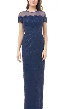 NEW JS Collections Illusion Lace Column Gown Maxi Dress Navy Blue 6 NWT 866648