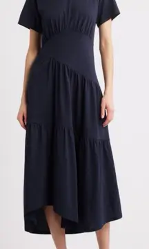 Frame Asymmetric Tiered Midi Dress Gathered Organic Cotton Knit Blue Size S Chic