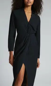 Anthropologie Black Twist Front Long Sleeve Collared Midi Dress UK 10 US 6 EU 38