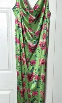 Pretty Little Thing Green Pink Floral Satin Cowl Neck Maxi Dress Size Large