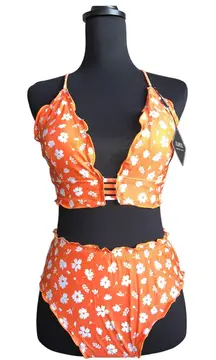 ZAFUL🦎Knots Orange Spaghetti Strap Tie Back Ruffle Triangle Bikini Set🦎