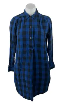 Madewell Blue Black Checkered Plaid Long Sleeve Button Down Shirt Dress Size S