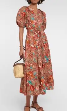 Ulla Johnson  Red and Orange Ruffled Smocked Midi Dress