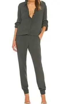 Monrow Crepe Long Sleeve Jumpsuit Collared Button Up Elastic Waist Gray XS
