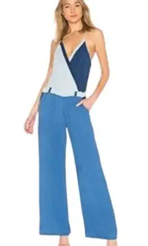 Young Fabulous & Broke Blue Colorblock Jett Linen Blend Jumpsuit Sz M