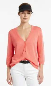 Eileen Fisher 100% Linen Orange Button Front 3/4 Sleeve Sweater Top PL