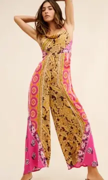 FREE PEOPLE Miranda Printed Jumpsuit In Jewel Combo Large Bohemian Pink and Gold