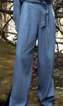 Zara Medium 100% Cotton Wide Leg Tie Waist Chambray Pants