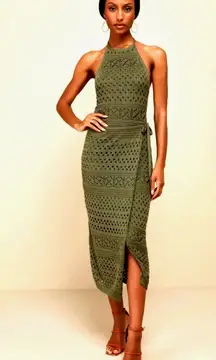 Lulu's Blissful Strolls Crochet Faux-Wrap Halter Midi Dress Olive Green L