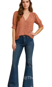 DR2 Peach Orange Geometric Print Ruffle Neck Button Front Blouse Top Size M