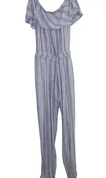 Elan Off The Shoulder Jumpsuit Denim Tassel Jogger Aztec Print Size Small NWT