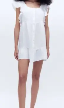 Zara white linen button front babydoll shift dress