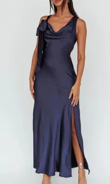 Averie Bow Shoulder Split Midi Dress in Navy