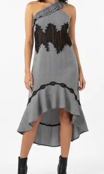 Foxiedox One Shoulder Plaid Ruffle Dress Black White Size 4