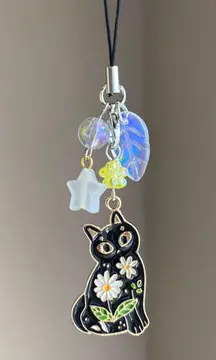 Handmade black cat boho cute funky phone charm/bag accessory/car display/strap🐈‍⬛