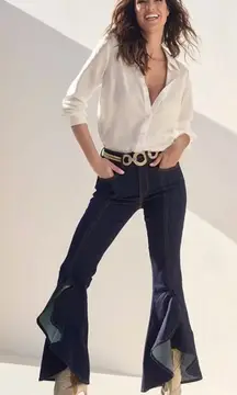 NWT Venus Ruffle Slit Hem Flared Jeans Dark Wash