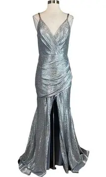 Betsy & Adam Women's Formal Dress Size 6 Silver Metallic Backless Long Gown