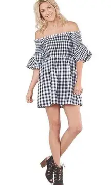 LoveRiche Cold Shoulder Gingham Navy Dress