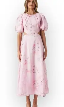 Bardot Malina Midi Dress Women's 6 Pink Floral Open Back A-Line Puff Sleeve NWT