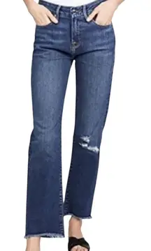 Good American Good Straight Jeans Frayed High Rise Whiskered Distressed Blue 10