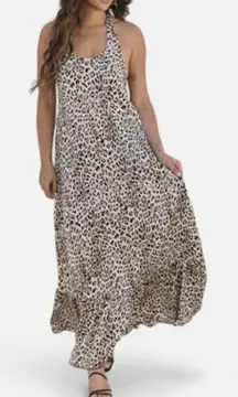 Amaryllis Women's Halter Maxi Dress Flowing Silhouette Adjustable Tie Back Statement Leopard Print