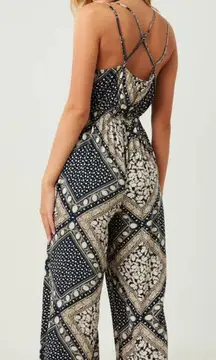 Hayden Los Angeles Printed Jumpsuit Navy Cream Boho Large whimsi Y2K resort wear