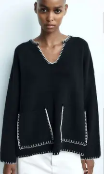 Zara Topstitch Knit Sweater Navy Blue White Contrast Stitch Pockets Size XS