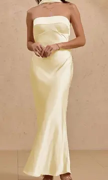 Satin strapless maxi dress formal wedding yellow