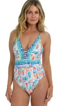 💕LA BLANCA💕 Terra Print Plunge Neck One-Piece Swimsuit ~ 10 Tera Italia NWT