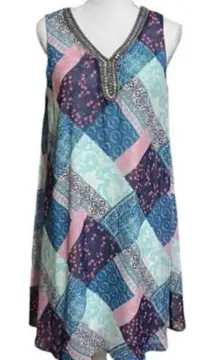 Sandra Darren Dress Teal Green‎ Print Lined Sequin Neckline Sleeveless Size 14