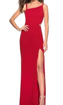 La Femme 27126 Red Side Cut Out Strappy Back Gown 4