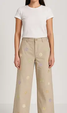Tommy Hilfiger Womens Chino Pants 8 Beige Embroidered‎ Daisy Floral Wide Leg Y2K