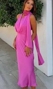 Zara maxi dress pink satin effect floral tie scarf wedding party cocktail