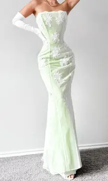 Vintage Green White Floral Beaded Embroidered Mesh Strapless Cocktail Formal Prom Dress Size S