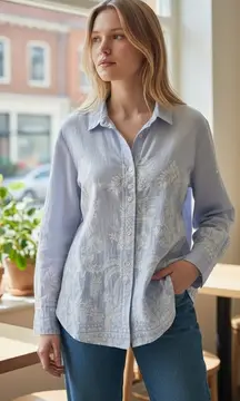 Calypso St Barth Shirt Women Large Blue Cotton Floral Button Down Boho Preppy