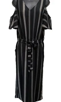 EyeShadow‎ Black Tan Striped Cold Shoulder Wide Leg Capri Pant Size L Jumpsuit