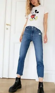 Levi's 501 Premium Crop Jeans in Charleston Fun Size 27 Big E Distressed Raw Hem