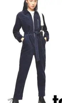 Corduroy Belted Waist Zip Navy Blue Boilersuit