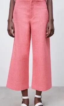 Zara Pants Cropped‎ Fit Tweed Textured Wide Leg Trousers Pink Size Small