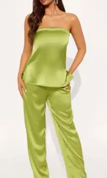 FASHION NOVA Always Glammed Up Satin Tube Top Pant Set - Chartreuse  Size: M