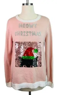 MEOWY CHRISTMAS INTERCHANGEABLE SEQUIN CAT PINK KNIT SWEATER WOMEN SIZE SMALL