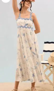 By the River Sea Shell Print Sleeveless Maxi Dress Ric Rac Trim Cream Blue M NWT