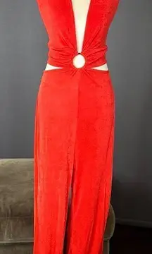 Women’s Red Deep V-Neck Halter Jumpsuit Ring Accent Wide Leg BodyCon Size L NEW