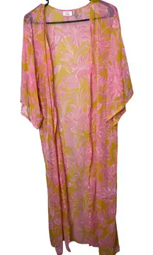P2F Kimono Duster Pink Yellow Floral Open Front One Size Bohemian Cover Up
