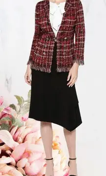 Misook Tweed Textured Plaid Jacket with Fringe Trim